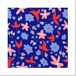 Blue floral Posters and Art